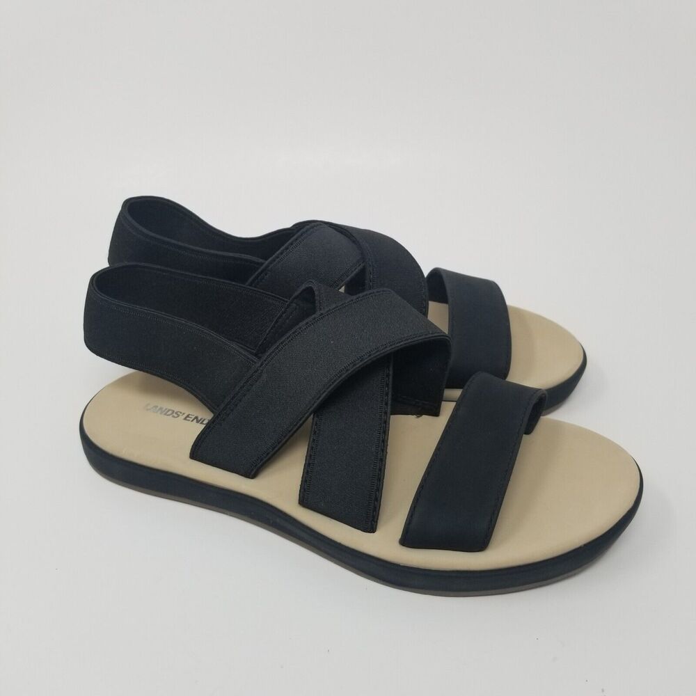 Lands End Womans Shoes 6B Elastic Cross Strap Sandal Black Cushioned